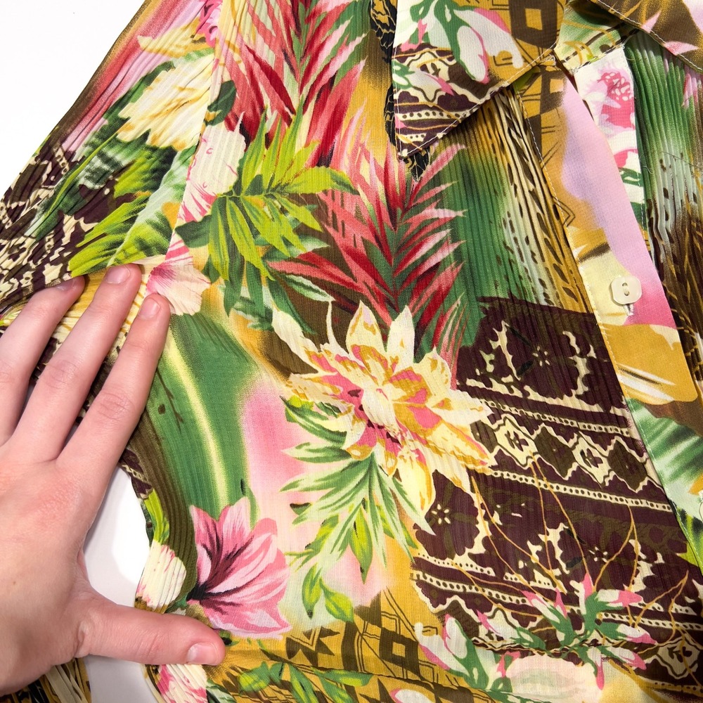 Essentials by Milano Tropical Floral Pleated Button Up Blouse Small Flared Cuff - Picture 5 of 6